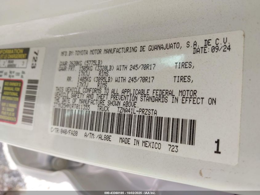 2024 Toyota Tacoma Sr VIN: 3TYKD5HN1RT011355 Lot: 43368185