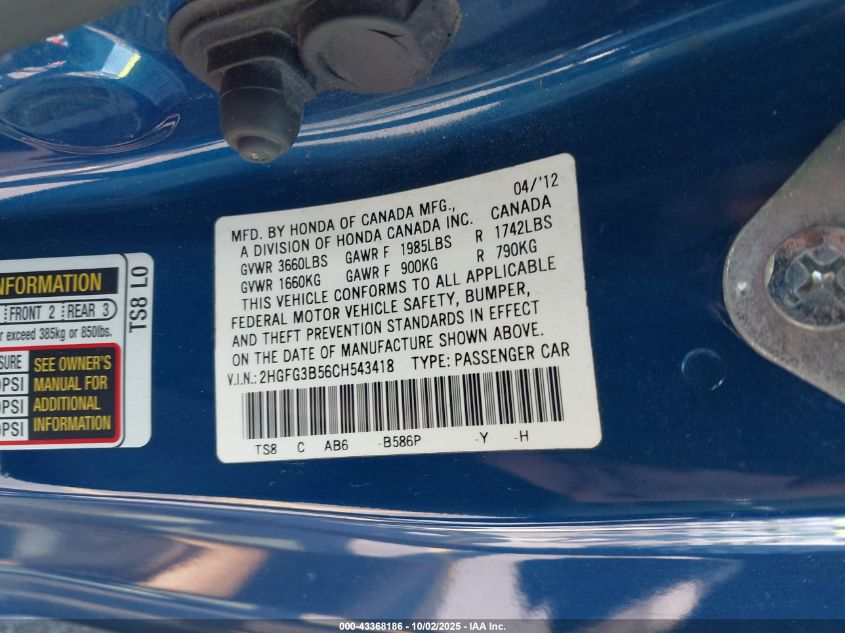 2012 Honda Civic Lx VIN: 2HGFG3B56CH543418 Lot: 43368186