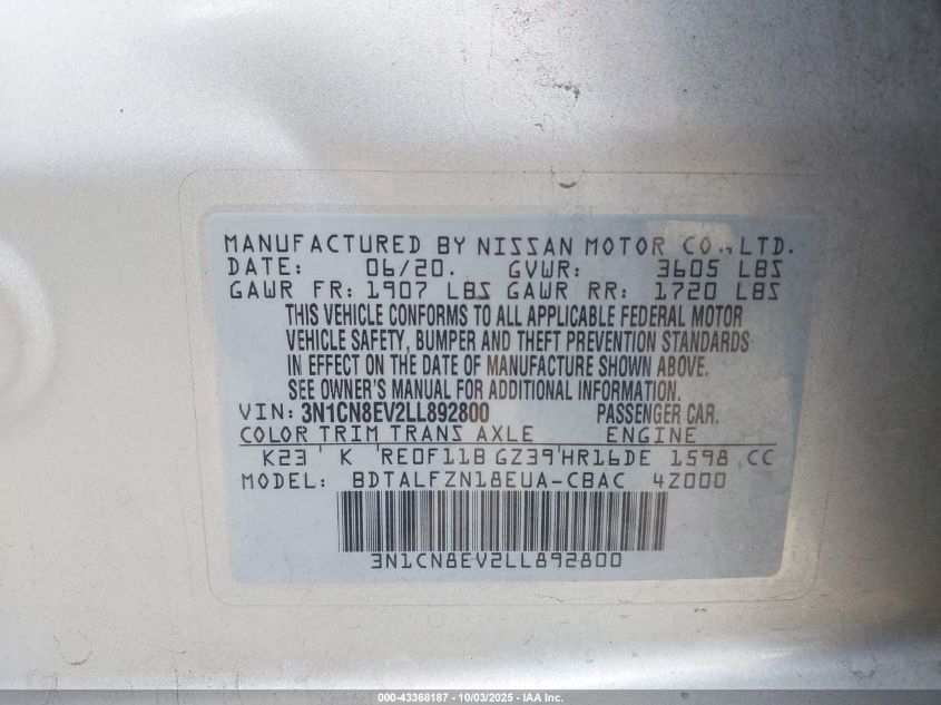 2020 Nissan Versa Sv Xtronic Cvt VIN: 3N1CN8EV2LL892800 Lot: 43368187