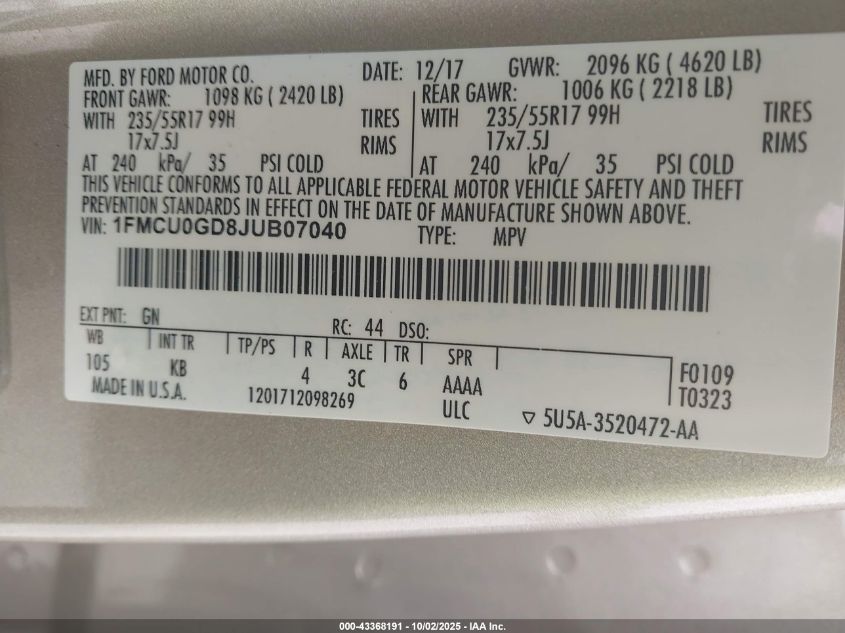 2018 Ford Escape Se VIN: 1FMCU0GD8JUB07040 Lot: 43368191