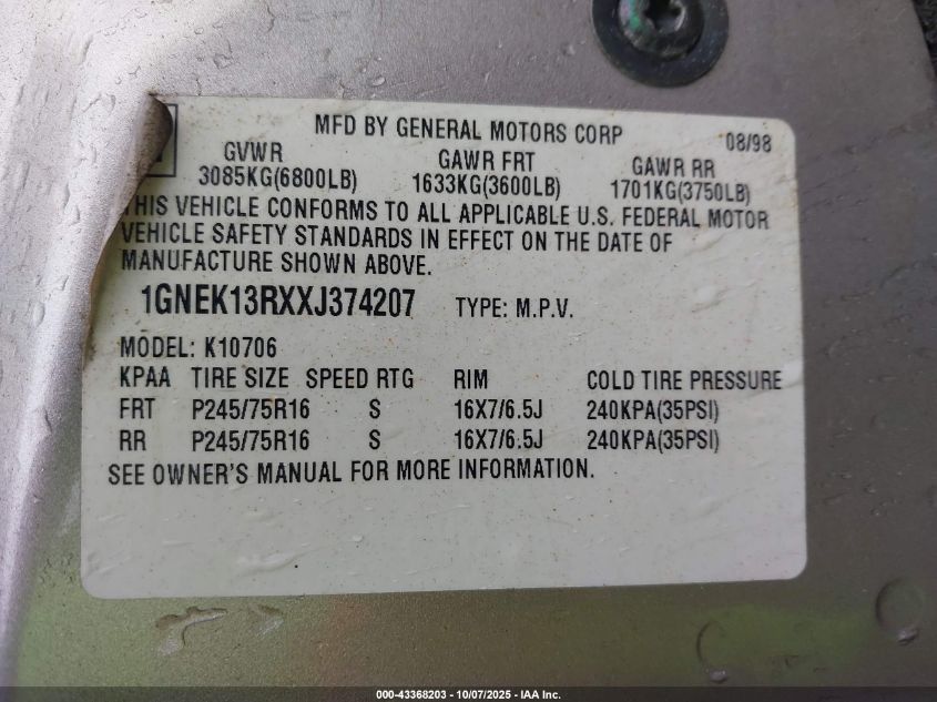 1999 Chevrolet Tahoe Ls VIN: 1GNEK13RXXJ374207 Lot: 43368203