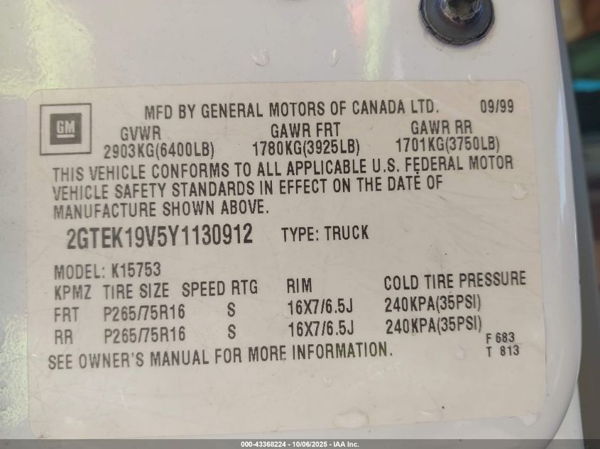 2000 GMC Sierra 1500 Sle VIN: 2GTEK19V5Y1130912 Lot: 43368224