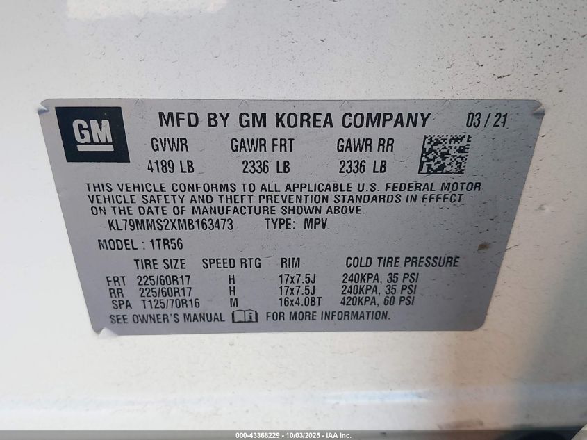 2021 Chevrolet Trailblazer Fwd Ls VIN: KL79MMS2XMB163473 Lot: 43368229