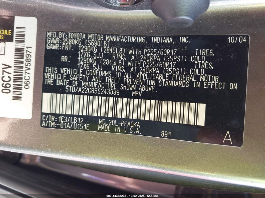 2005 Toyota Sienna Xle VIN: 5TDZA22C85S243888 Lot: 43368233