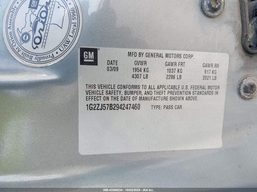 2009 Pontiac G6 New Se VIN: 1G2ZJ57B294247460 Lot: 43368234