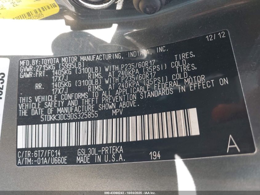 2013 Toyota Sienna Le V6 8 Passenger VIN: 5TDKK3DC9DS325855 Lot: 43368243