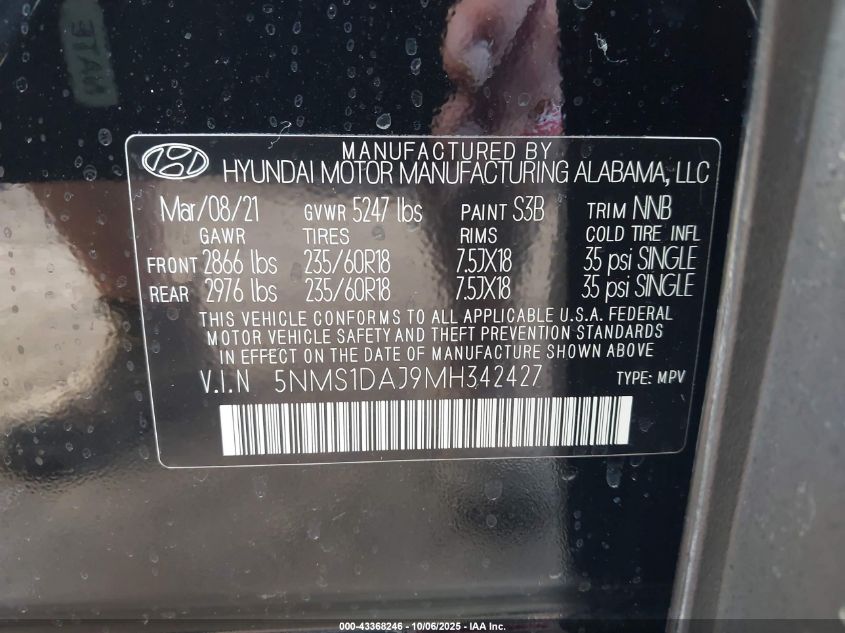 2021 Hyundai Santa Fe Se VIN: 5NMS1DAJ9MH342427 Lot: 43368246