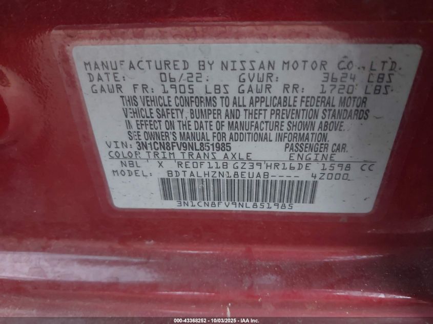 2022 Nissan Versa 1.6 Sr Xtronic Cvt VIN: 3N1CN8FV9NL851985 Lot: 43368252