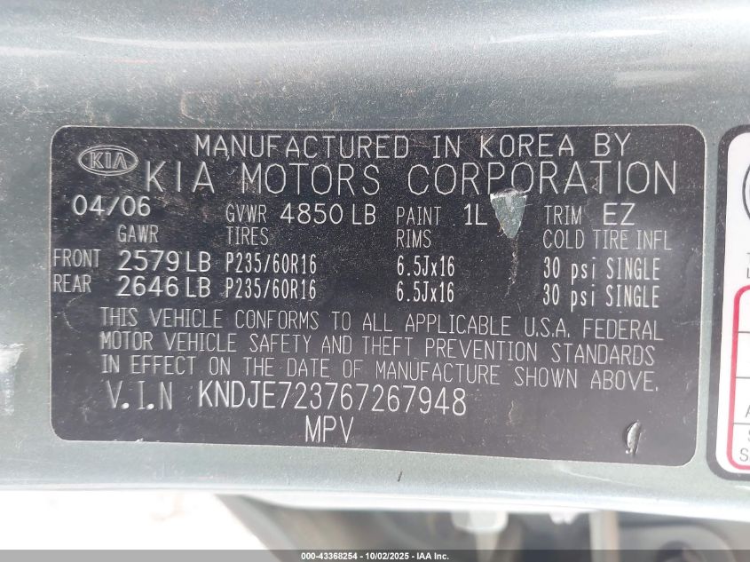 2006 Kia Sportage Ex V6/Lx V6 VIN: KNDJE723767267948 Lot: 43368254