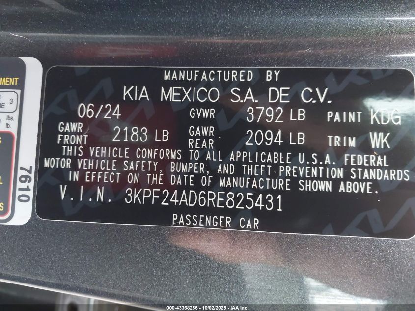 2024 Kia Forte Lxs VIN: 3KPF24AD6RE825431 Lot: 43368256