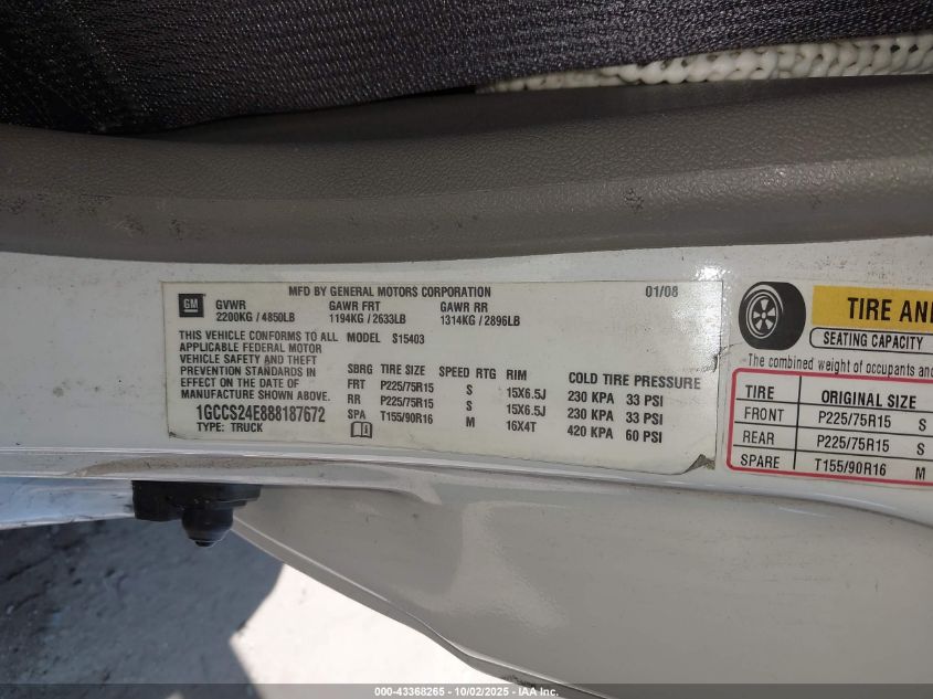 2008 Chevrolet Colorado Ls VIN: 1GCCS24E888187672 Lot: 43368265