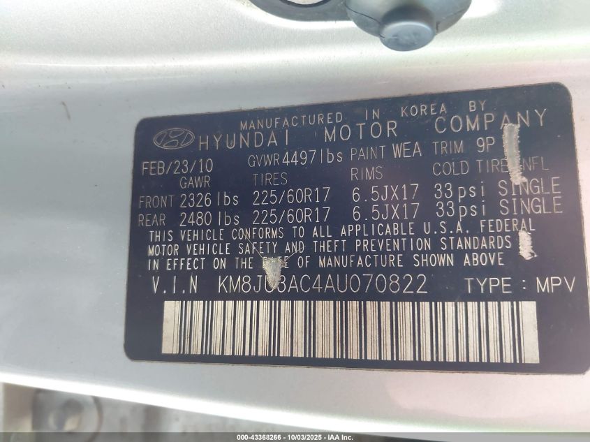 2010 Hyundai Tucson Gls VIN: KM8JU3AC4AU070822 Lot: 43368266