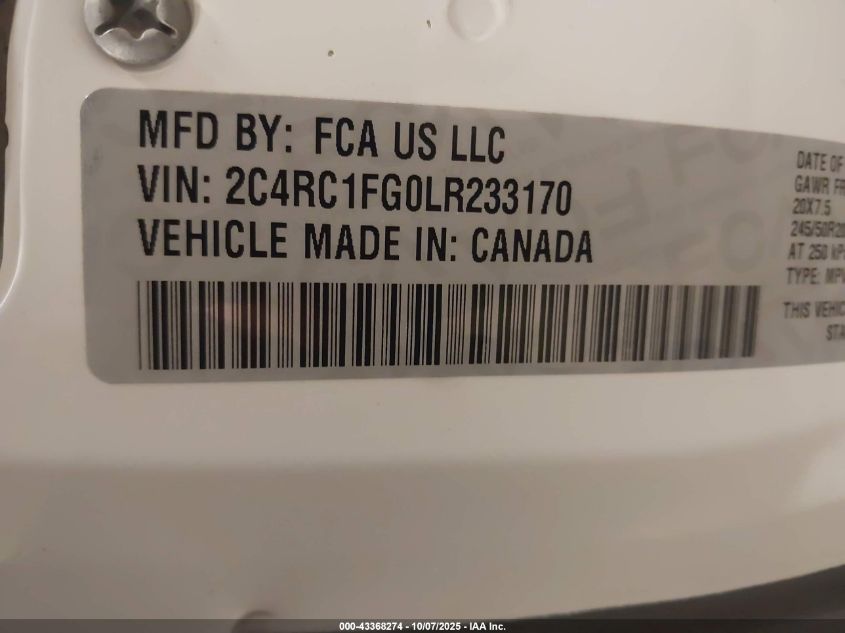 2020 Chrysler Pacifica Touring VIN: 2C4RC1FG0LR233170 Lot: 43368274