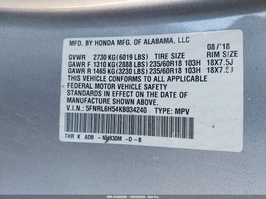 2019 Honda Odyssey Ex VIN: 5FNRL6H54KB034240 Lot: 43368286