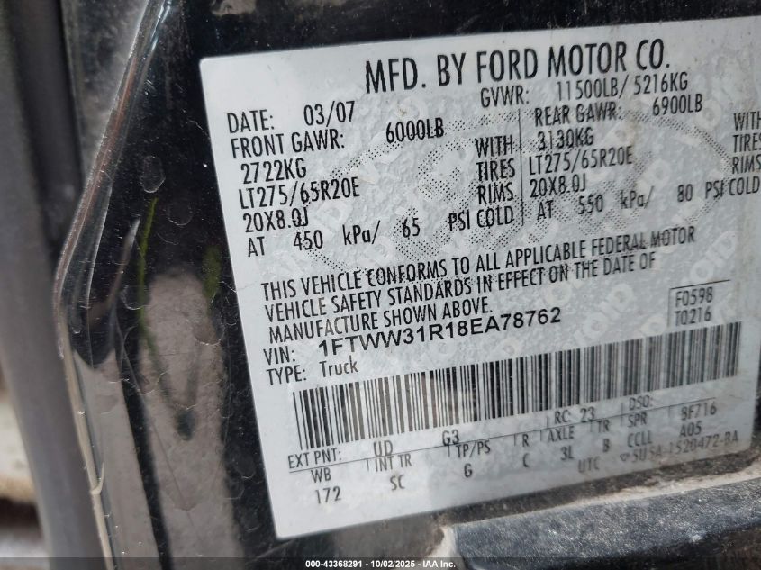 2008 Ford F-350 Fx4/Harley-Davidson/King Ranch/Lariat/Xl/Xlt VIN: 1FTWW31R18EA78762 Lot: 43368291