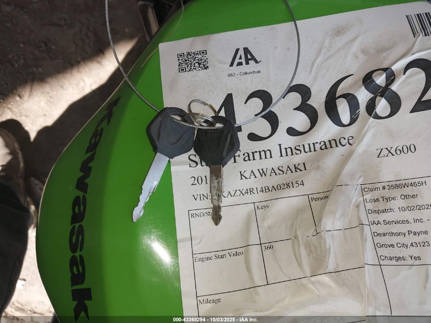 2011 Kawasaki Zx600 R VIN: JKAZX4R14BA028154 Lot: 43368294