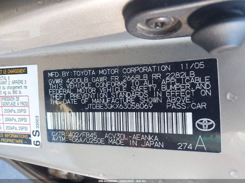 2006 Toyota Camry Le VIN: JTDBE30KX63058069 Lot: 43368300