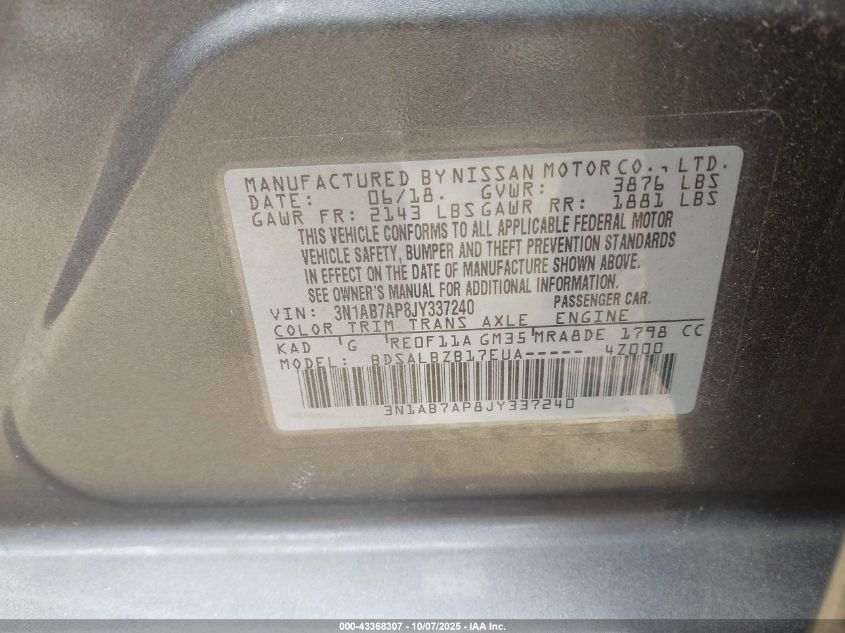 2018 Nissan Sentra S VIN: 3N1AB7AP8JY337240 Lot: 43368307