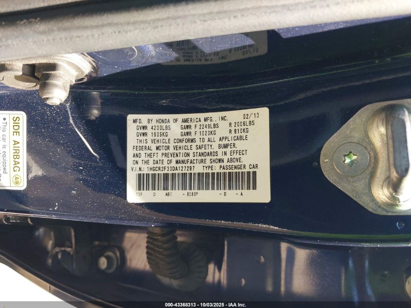 2013 Honda Accord Lx VIN: 1HGCR2F30DA127297 Lot: 43368313