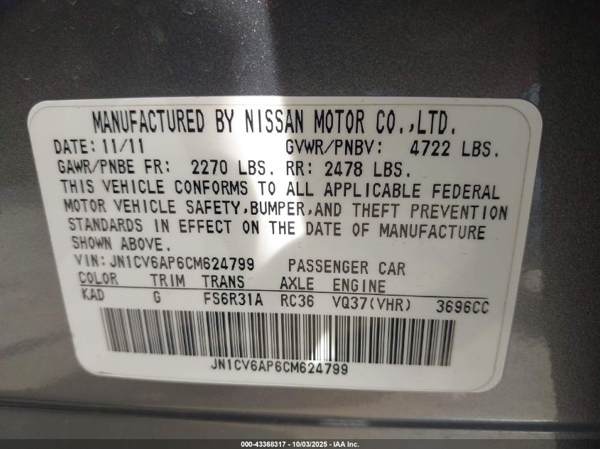 2012 Infiniti G37 Sport VIN: JN1CV6AP6CM624799 Lot: 43368317