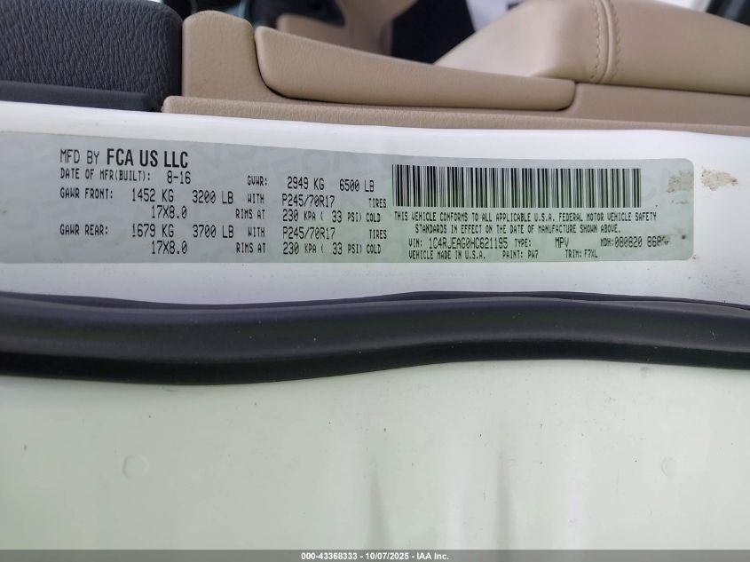 2017 Jeep Grand Cherokee Laredo 4X2 VIN: 1C4RJEAG0HC621195 Lot: 43368333