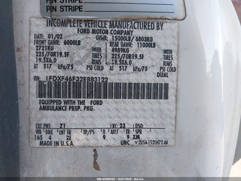 2002 Ford F-450 Xl/Xlt VIN: 1FDXF46F32EB83122 Lot: 43368335