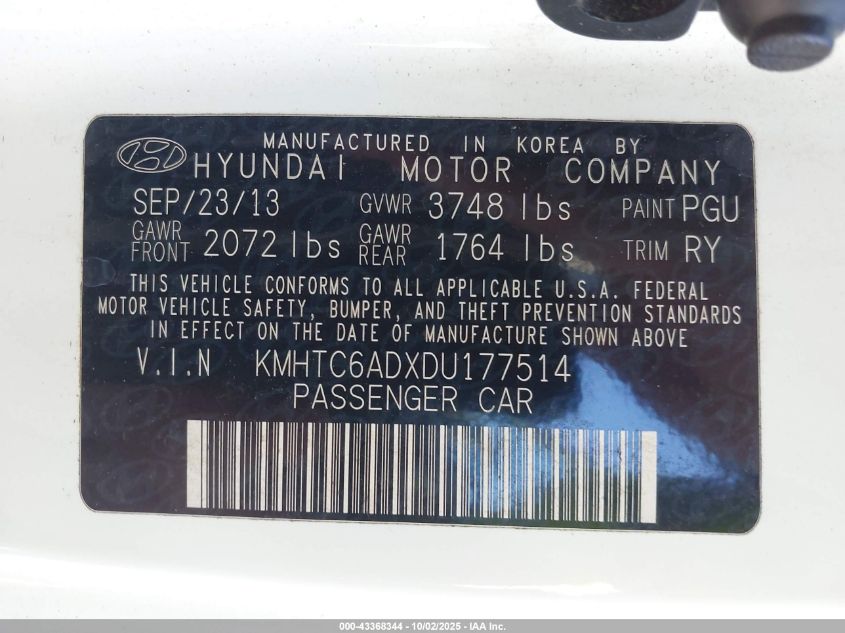 2013 Hyundai Veloster Base W/Black VIN: KMHTC6ADXDU177514 Lot: 43368344