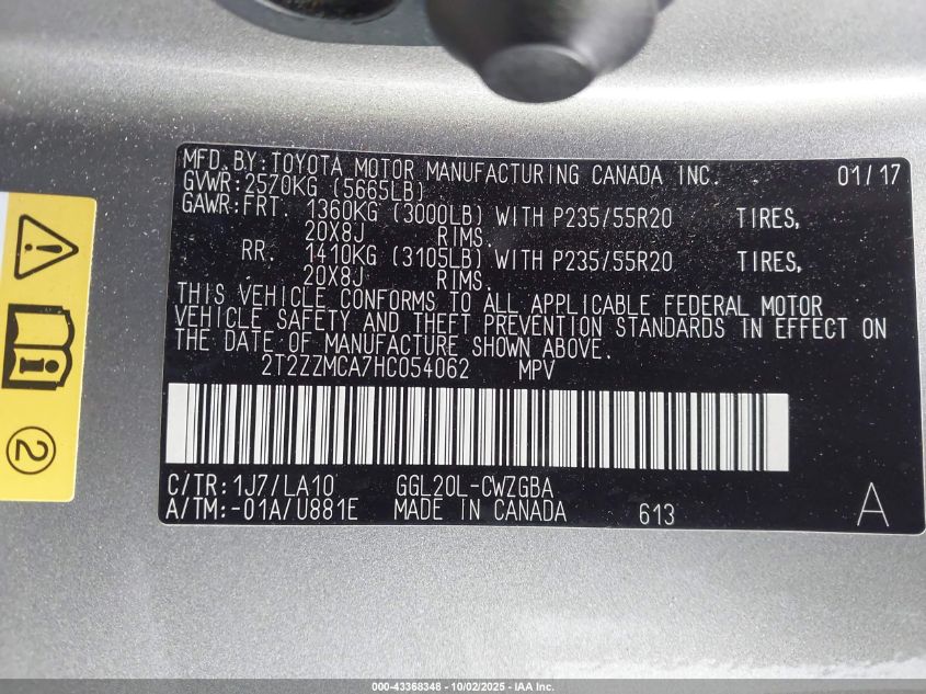 2017 Lexus Rx 350 VIN: 2T2ZZMCA7HC054062 Lot: 43368348