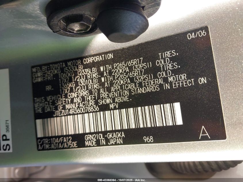 2006 Toyota 4Runner Sr5 V6 VIN: JTEZU14R360078836 Lot: 43368364