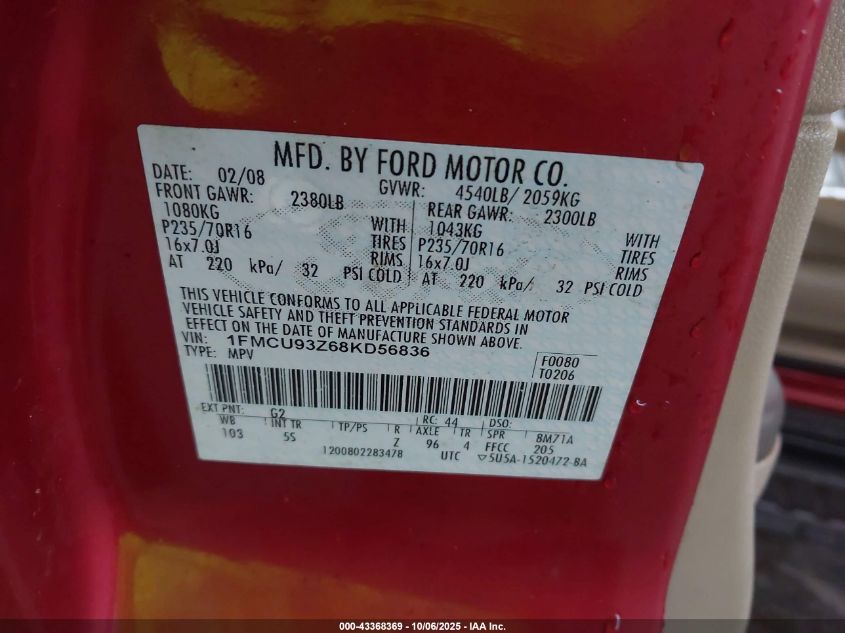 2008 Ford Escape Xlt VIN: 1FMCU93Z68KD56836 Lot: 43368369