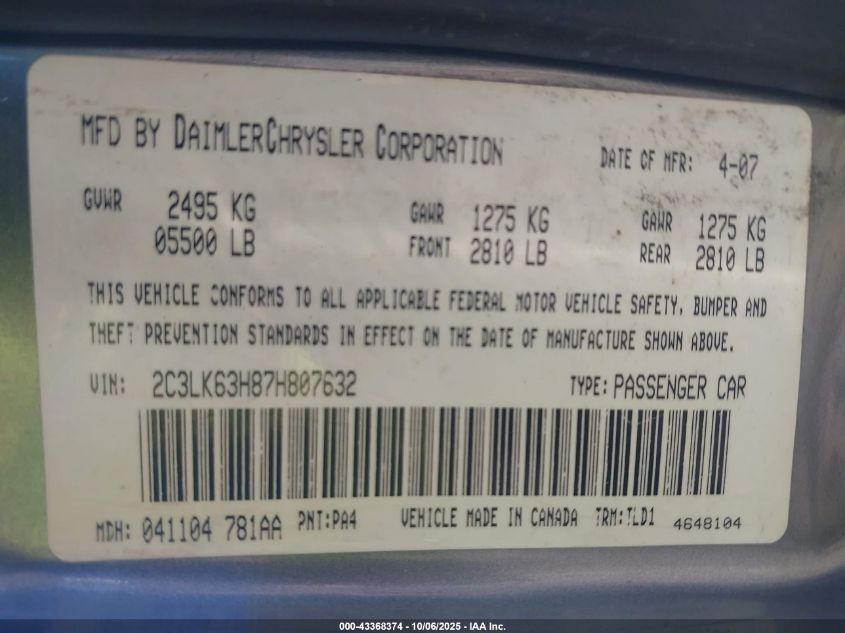 2007 Chrysler 300C VIN: 2C3LK63H87H807632 Lot: 43368374