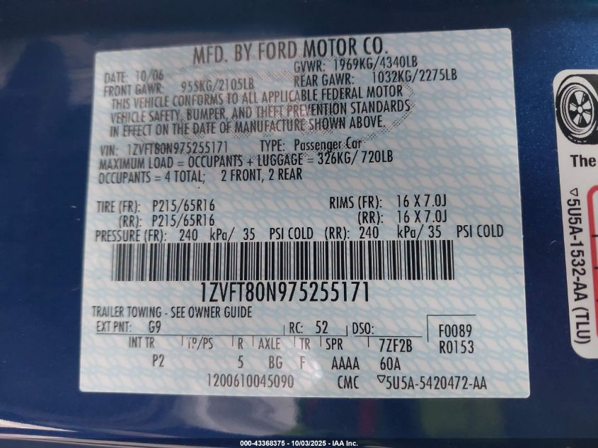 2007 Ford Mustang V6 Deluxe/V6 Premium VIN: 1ZVFT80N975255171 Lot: 43368375