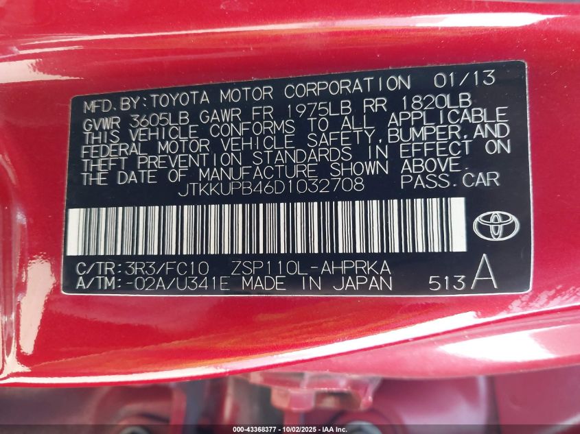 2013 Scion Xd VIN: JTKKUPB46D1032708 Lot: 43318004