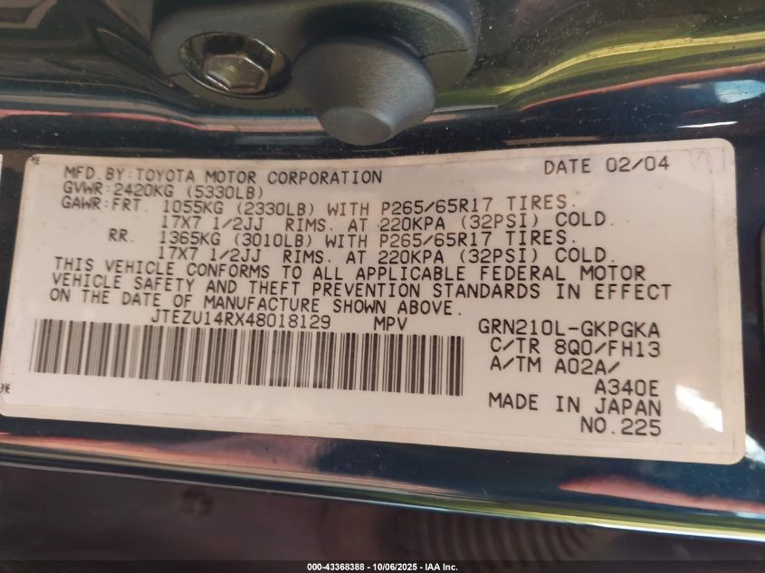 2004 Toyota 4Runner Sr5 Sport V6 VIN: JTEZU14RX48018129 Lot: 43368388