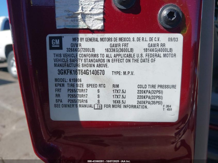 2004 GMC Yukon Xl 1500 Slt VIN: 3GKFK16T64G140670 Lot: 43368391