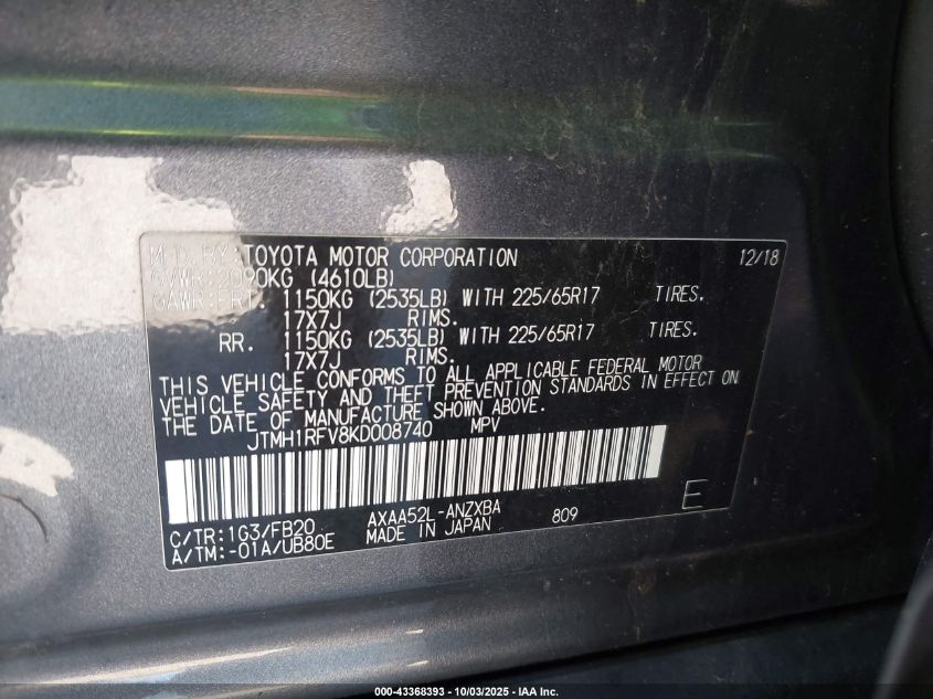 2019 Toyota Rav4 Le VIN: JTMH1RFV8KD008740 Lot: 43368393