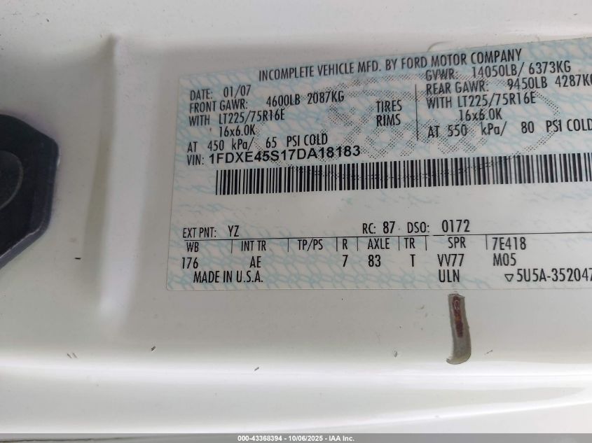 2007 Ford E-450 Cutaway VIN: 1FDXE45S17DA18183 Lot: 43368394