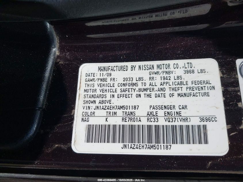 2010 Nissan 370Z Touring VIN: JN1AZ4EH7AM501187 Lot: 43368405