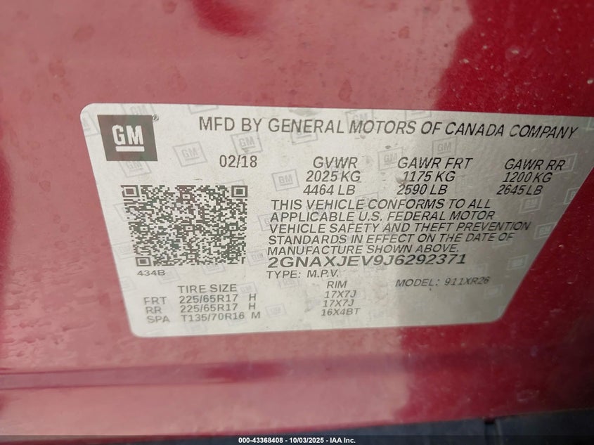 2018 Chevrolet Equinox Lt VIN: 2GNAXJEV9J6292371 Lot: 43368408