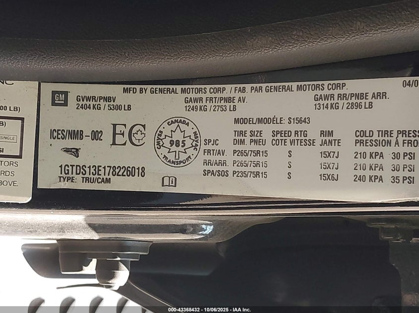 2007 GMC Canyon Sle1/Sle2/Slt VIN: 1GTDS13E178226018 Lot: 43368432