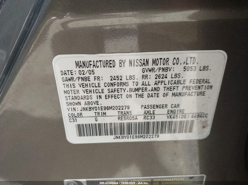 2006 Infiniti M45 Sport VIN: JNKBY01E96M202279 Lot: 43368444