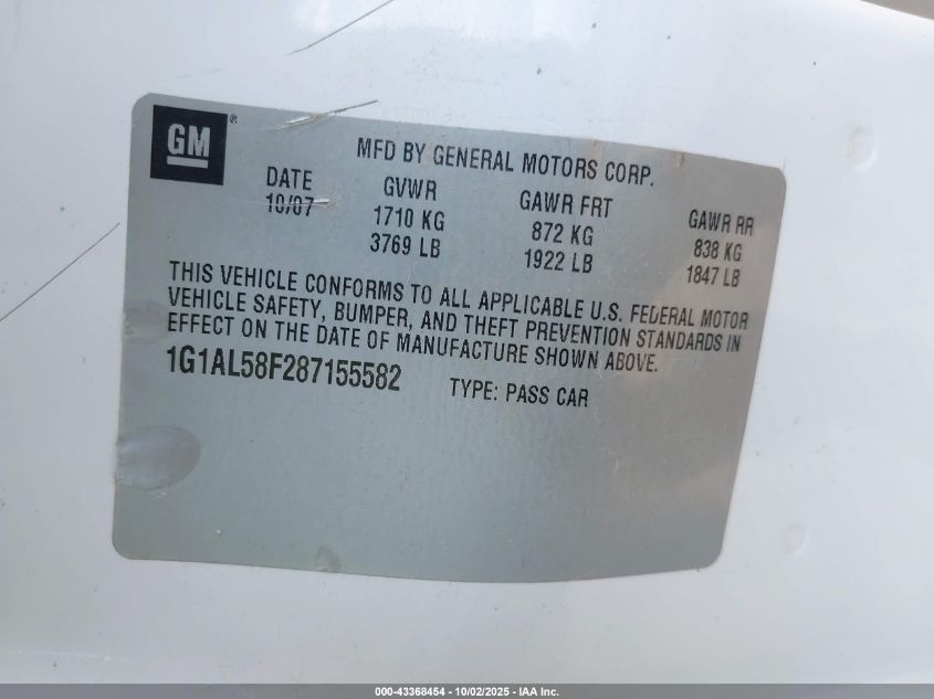 2008 Chevrolet Cobalt Lt VIN: 1G1AL58F287155582 Lot: 43368454