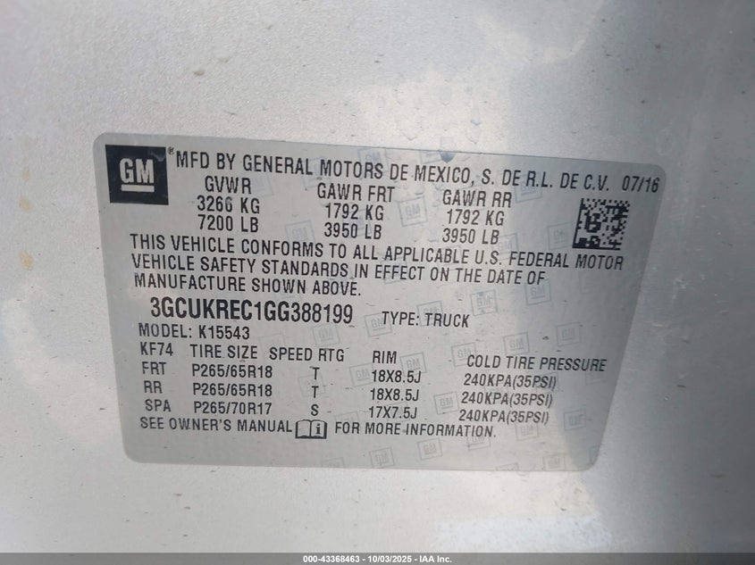 2016 CHEVROLET SILVERADO 1500 2LT - 3GCUKREC1GG388199