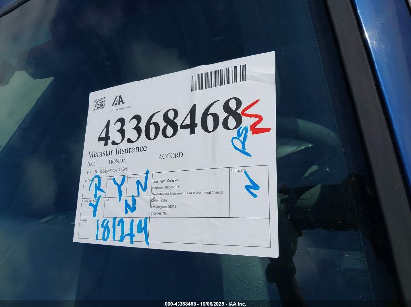 2005 Honda Accord 2.4 Lx VIN: 1HGCM56455A116208 Lot: 43368468