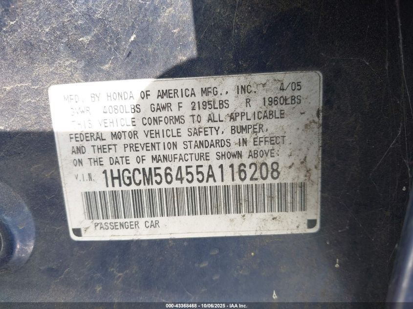 2005 Honda Accord 2.4 Lx VIN: 1HGCM56455A116208 Lot: 43368468