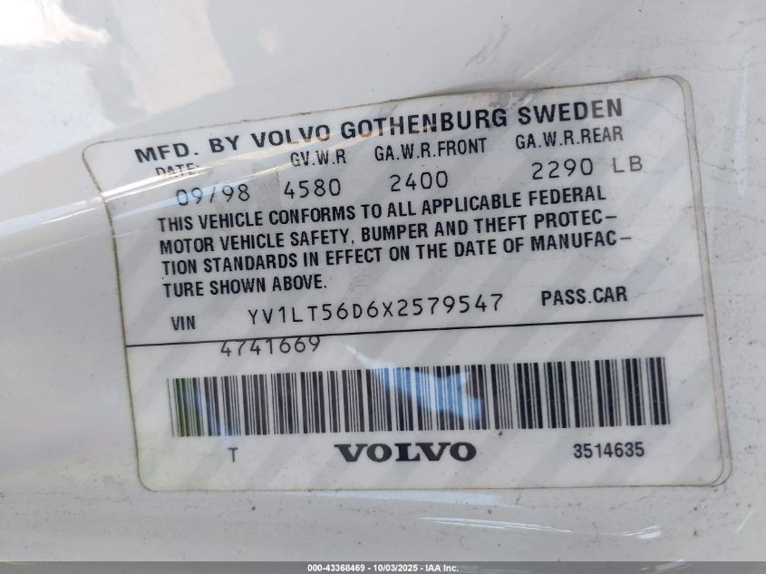 1999 Volvo S70 VIN: YV1LT56D6X2579547 Lot: 43368469