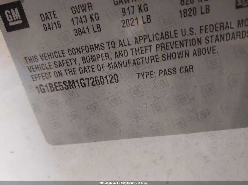 2016 Chevrolet Cruze Lt Auto VIN: 1G1BE5SM1G7260120 Lot: 43368474