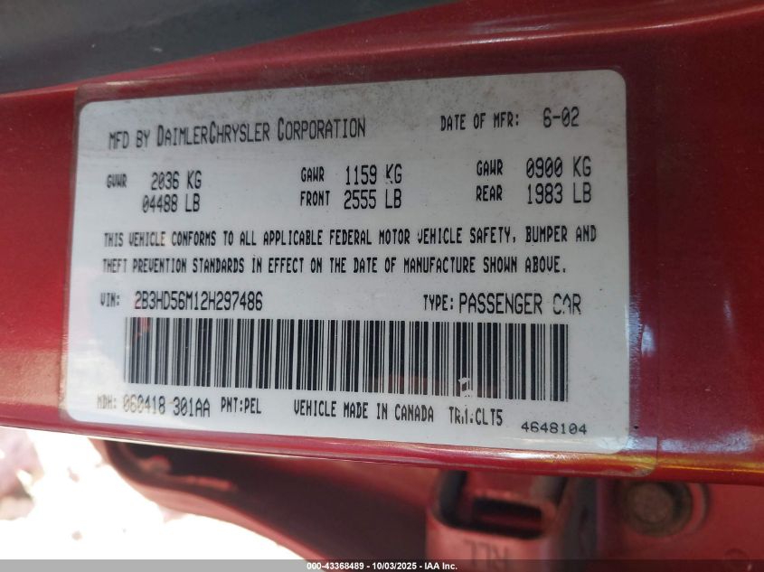 2002 Dodge Intrepid Es VIN: 2B3HD56M12H297486 Lot: 43368489