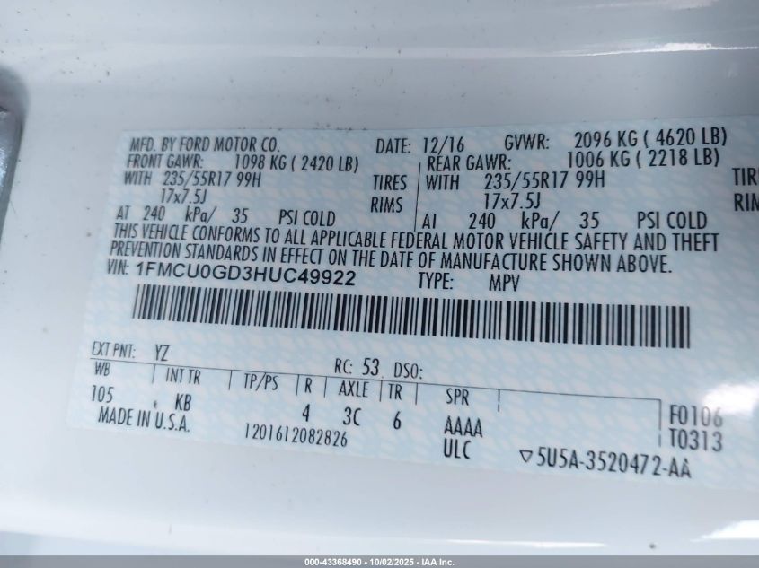 2017 Ford Escape Se VIN: 1FMCU0GD3HUC49922 Lot: 43368490