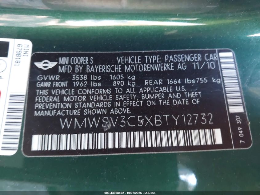 2011 Mini Cooper S VIN: WMWSV3C5XBTY12732 Lot: 43368492
